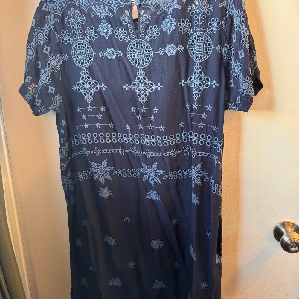 Johnny Was Navy Blue Embroidered Short Sleeve Dress - Picture 2 of 11